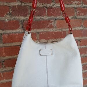 Kate Spade White Leather Shoulder Bag with Red Patent Strap